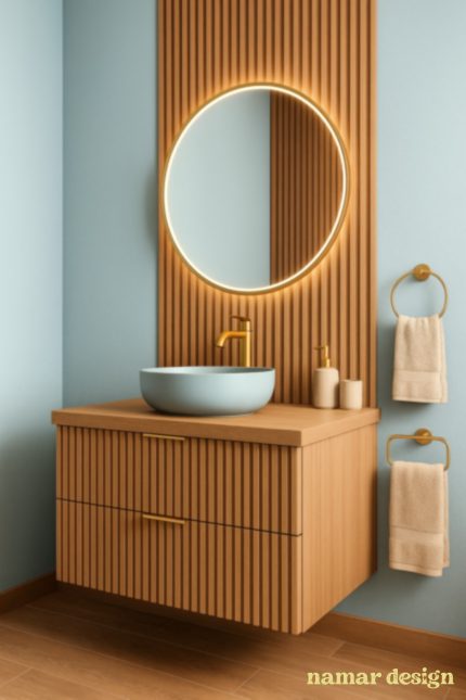 Mobilier de baie suspendat din lemn riflat Mokka, design modern și elegant