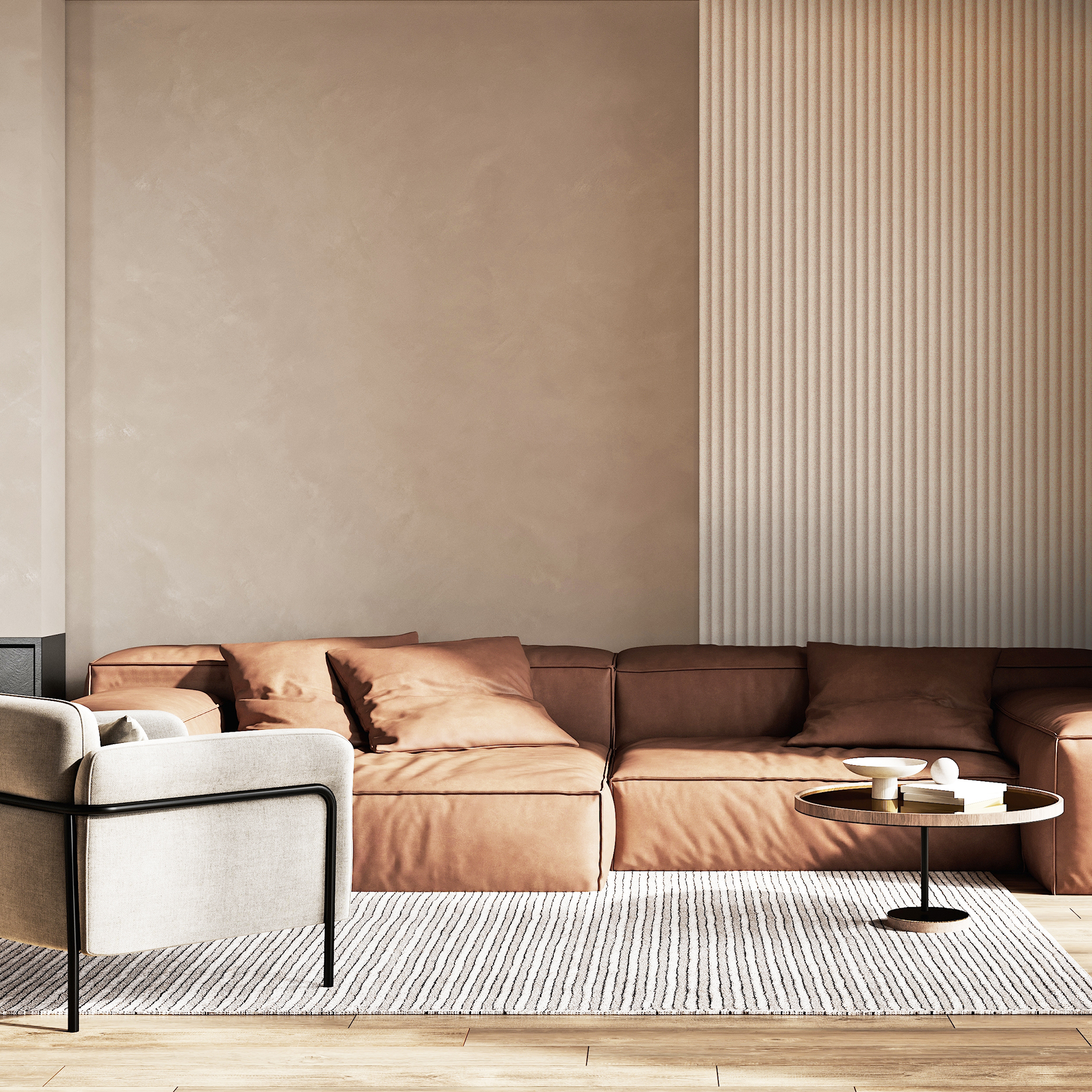 Minimalist,Living,Room,Interior,With,Modern,Fireplace,,Armchair,And,Beige