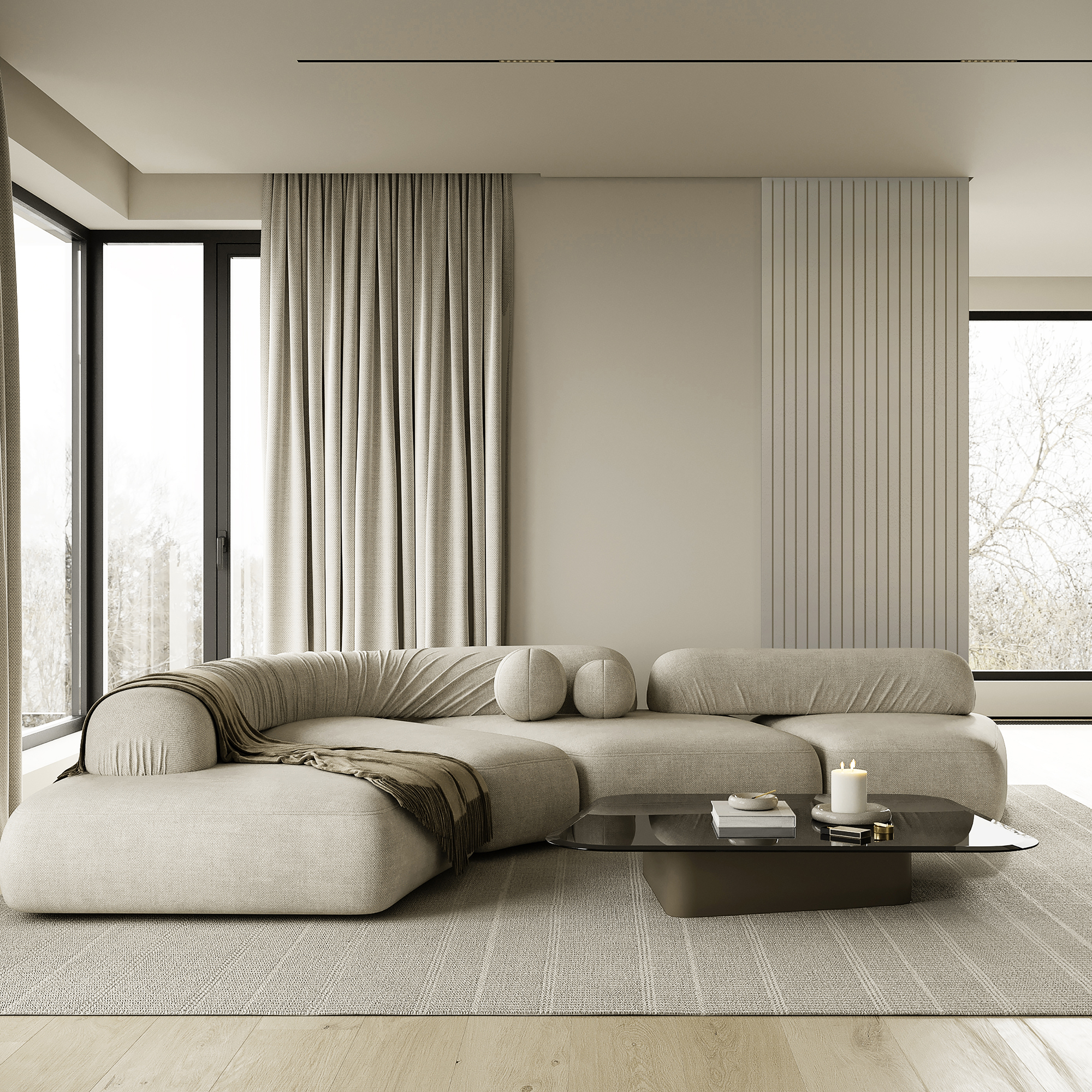 Modern,Monochrome,Beige,House,Interior,,Cozy,Living,Room,With,Large