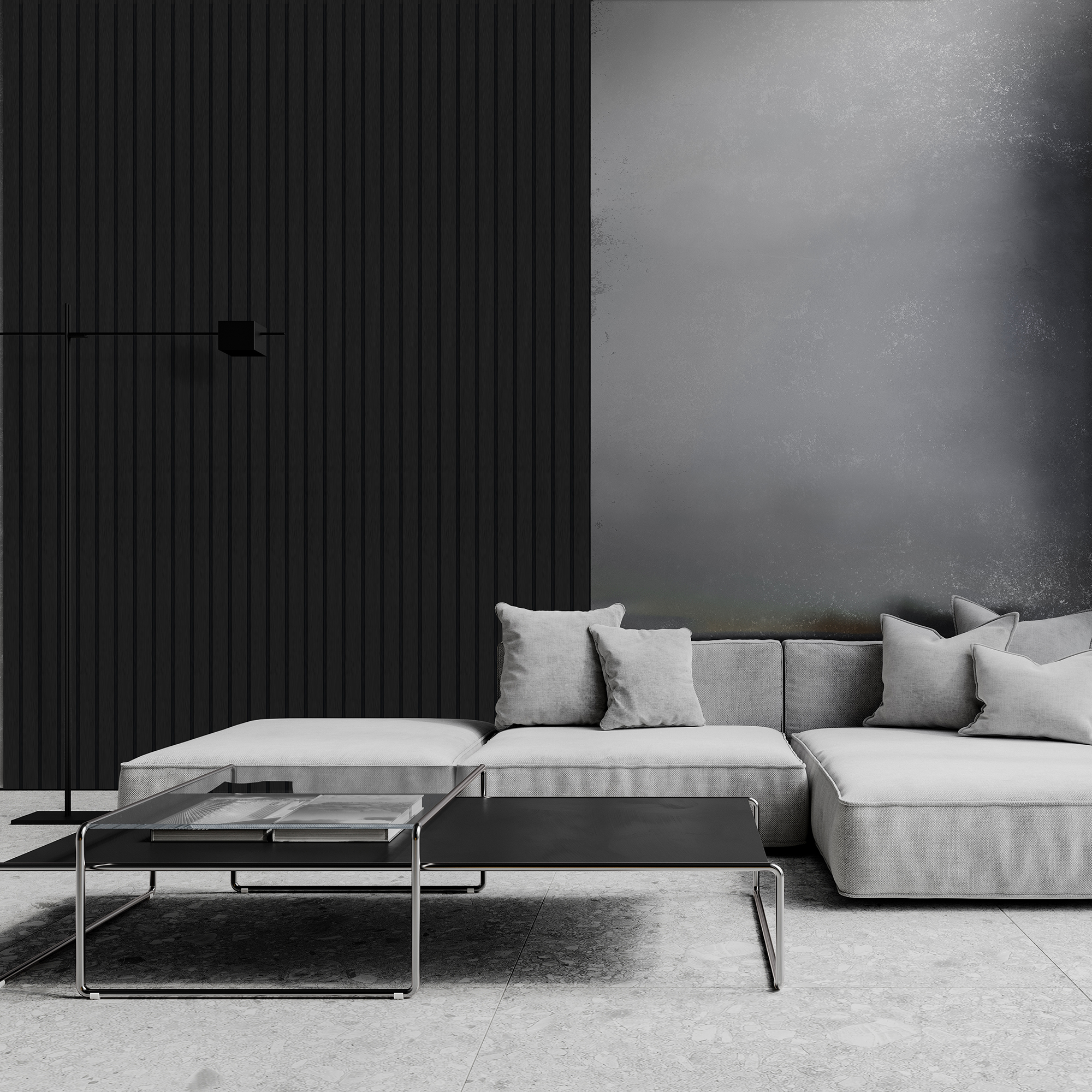 Contemporary,Minimalism,Gray,Interior,With,Metal,Wall,Panels,,Sofa,,Coffee